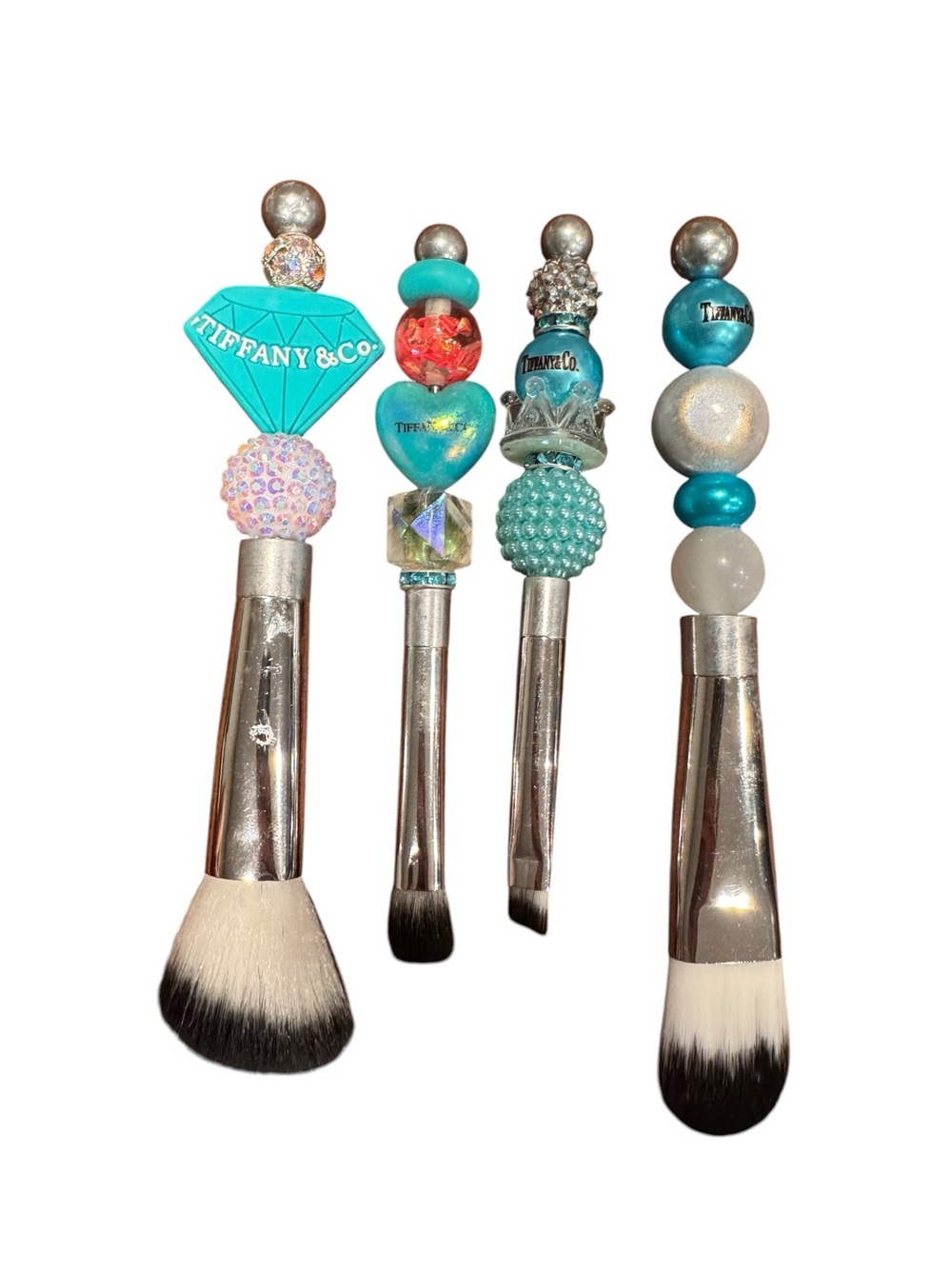 Turquoise and Teal Beaded Makeup Brush Set with Silver Ferrules